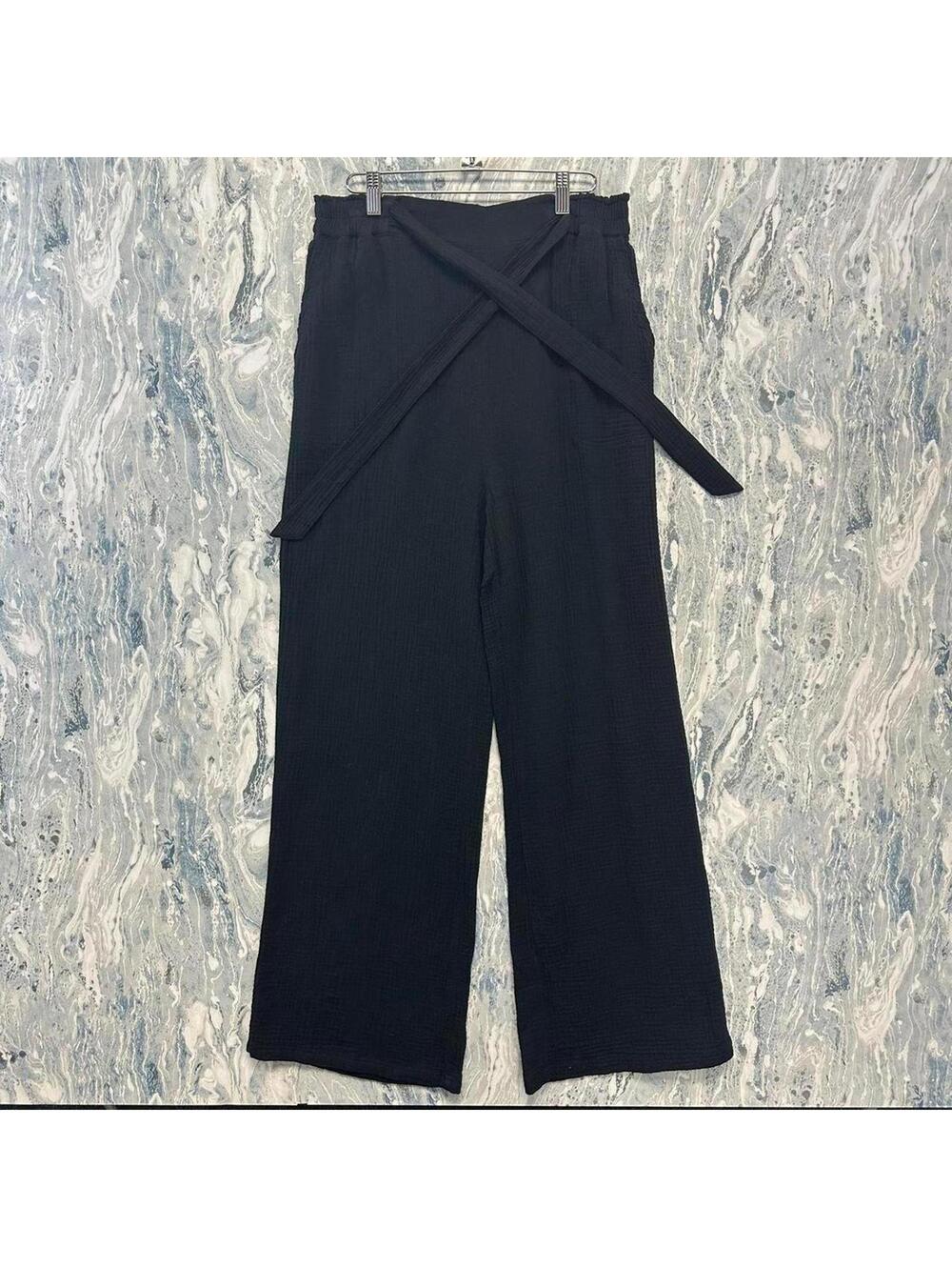 Boho minimalist lagenlook black wide leg pants with waist tie (M)